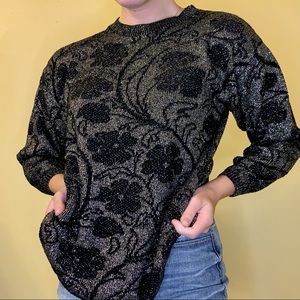 VTG 80’s Black and Metallic Floral Knit Sweater